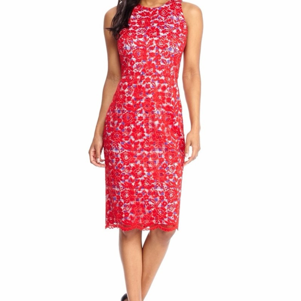 Maggy London Anja midi dress in bright red lace over a blue gingham pattern